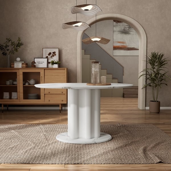 slide 2 of 26, Furniture of America Astra Modern Wood Oval Dining Table with Fluted Base White With Faux Marble Veneer