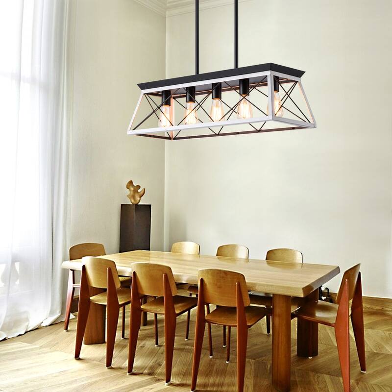 Pendant Light Fixture, Elegant Geometric Hanging Light, 5-Light Chandelier Lighting for Kitchen Island Dining Room - White Black