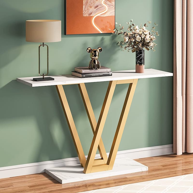 43 Inch Entryway Console Tables, Narrow Sofa Table for Hallway, Living Room - Marble White & Gold