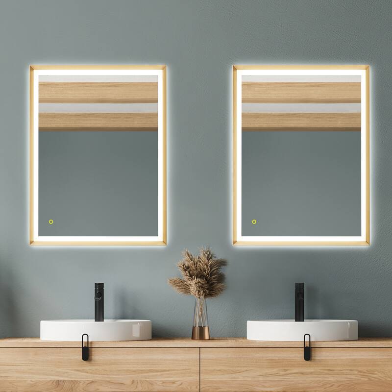 Apollo Rectangular Anti-Fog Dimmable Modern Bathroom/Vanity LED Lighted Wall Mirror in Brushed Gold Aluminum Framed - 36" x 30" - Brushed Gold