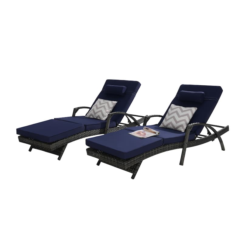 Outdoor Wicker Long Reclining Chair Set of 2 with Cushions