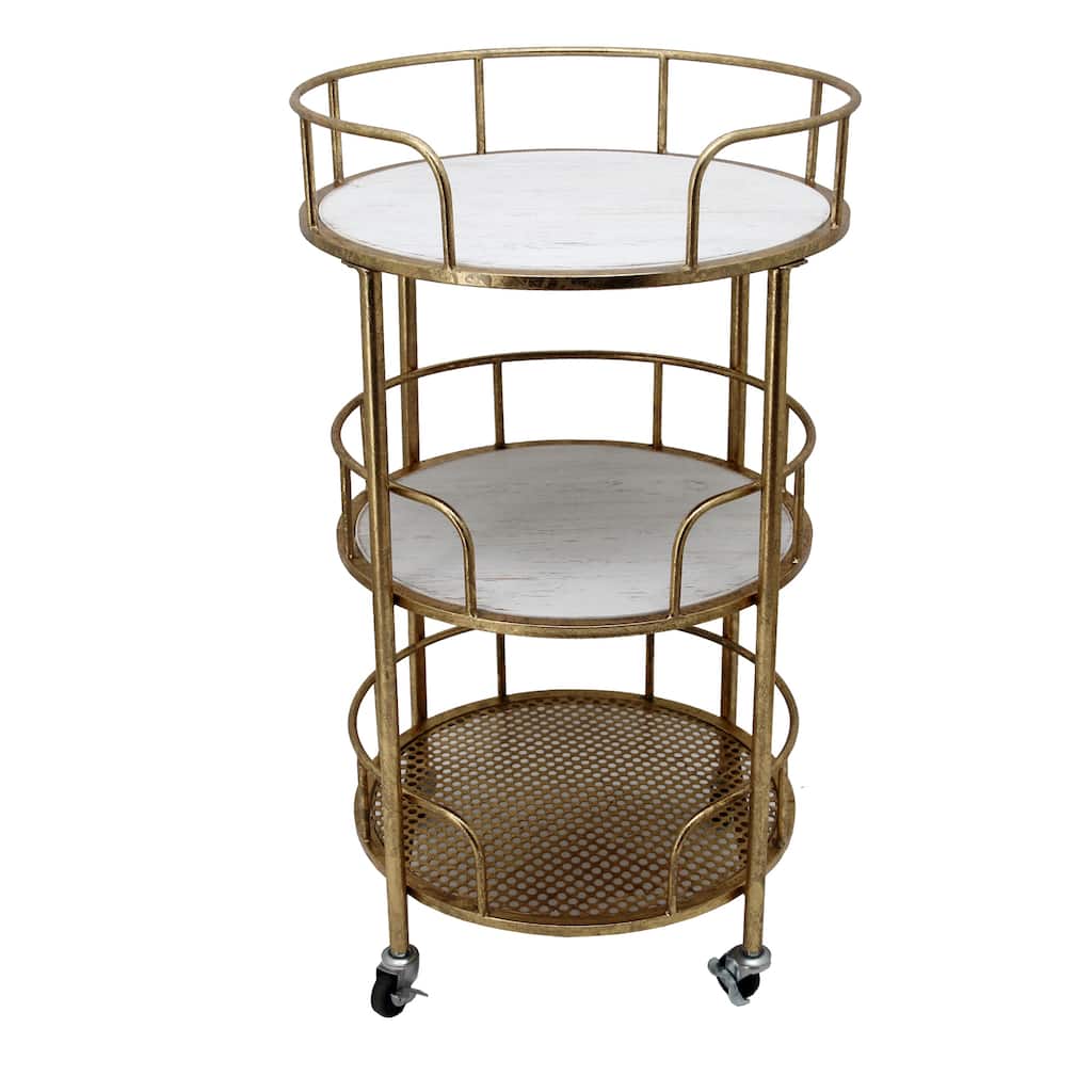 3-Tier Round Bar Cart Contemporary Rustic Industrial Metal Gold and White Iron Stand on Wheels Home Bar Decorative