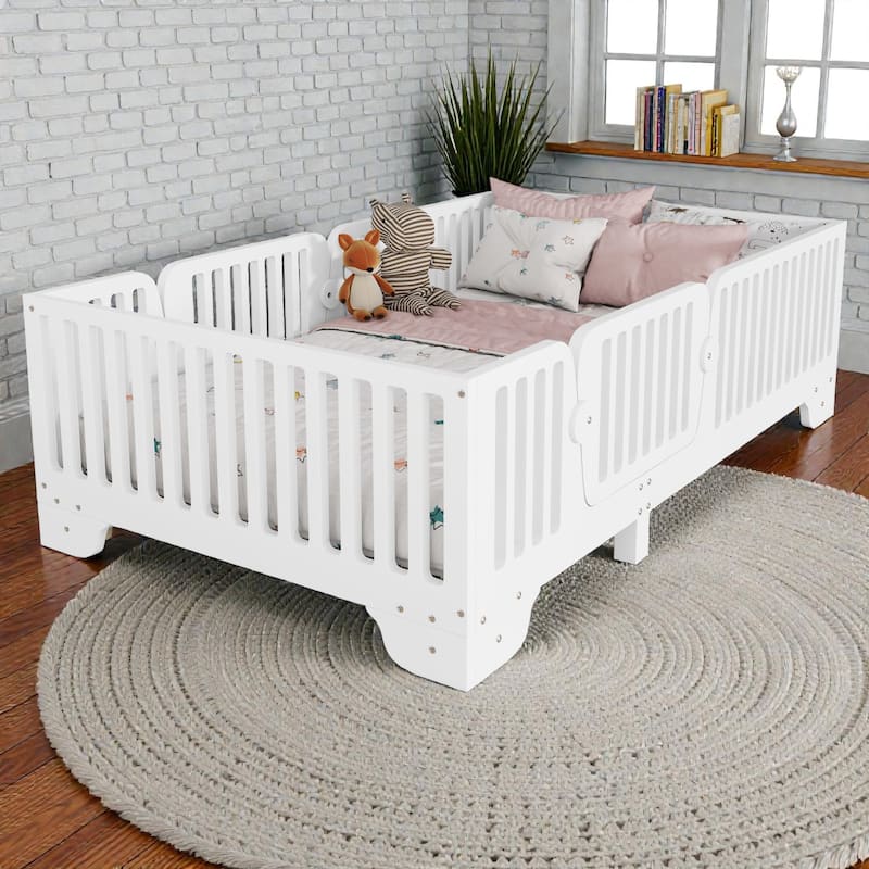 Montessori Floor Bed with Fence and Door, Kids Floor Bed Frame with Slats, No Box Spring Needed