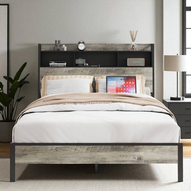 Twin/Full Size Bed Frame with Headboard Storage and Built-In Charging Station, Sturdy Wood & Metal Design