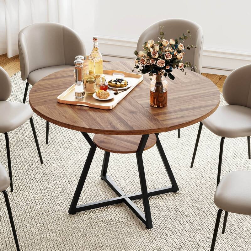 Costway 47” Round Dining Table for 4 with Storage Shelf, Wooden - Brown+Black - See Details