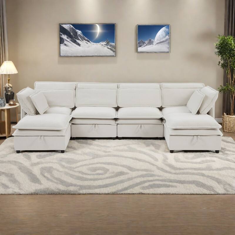 124.4" Polyester U-Shape Modular Sectional Sofa with Double-Layer Cushions, Storage and Convertible Sleeper - Beige