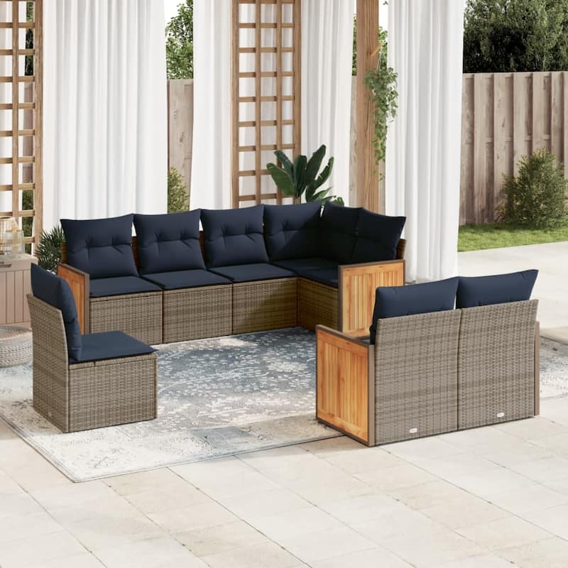 vidaXL 8/9 Piece Patio Sofa Set with Cushions Black/Gray Poly Rattan - 24.4 x 24.4 x 27.2 - Gray Without table