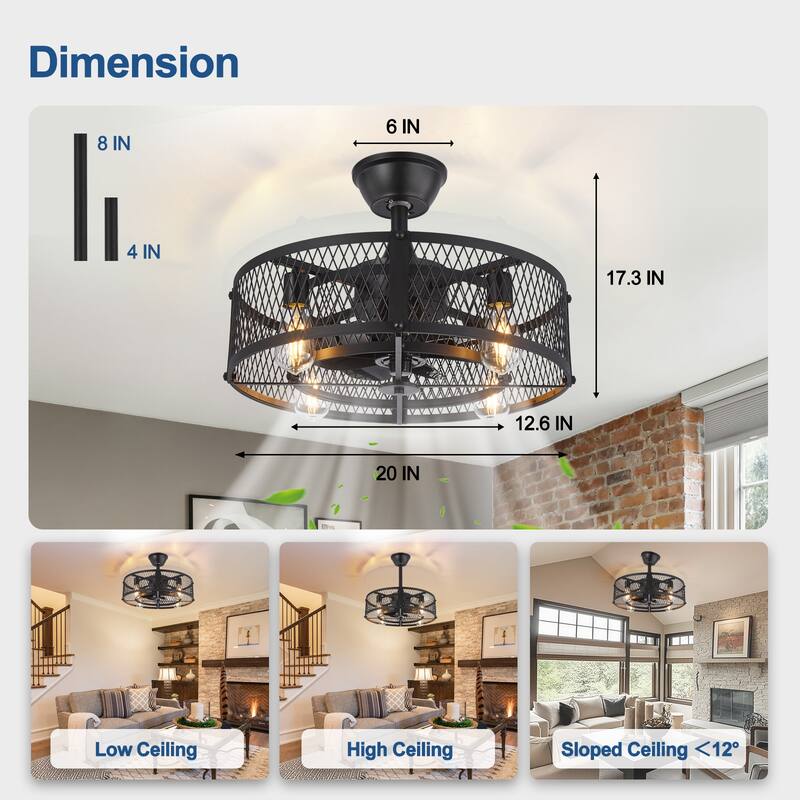 20-26" Caged outdoor Ceiling Fan with Light: Remote App Control-Farmhouse Fandelier Flush Mount Fixture Reversible 6 Speed Timer