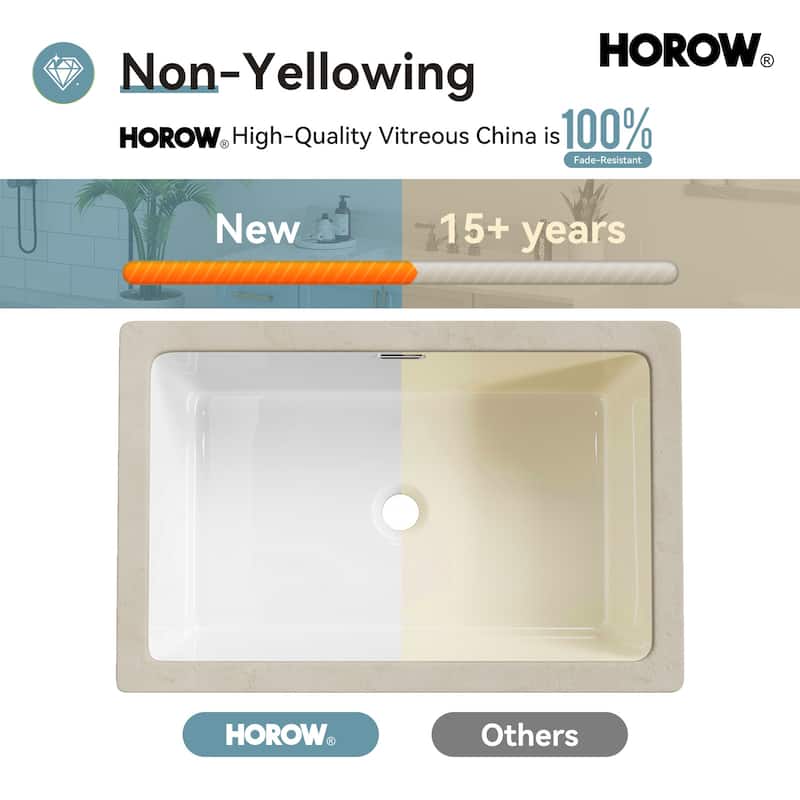 HOROW 23.63 in Rectangular Undermount Ceramic Bathroom Sink in Biscuit with Overflow Drain