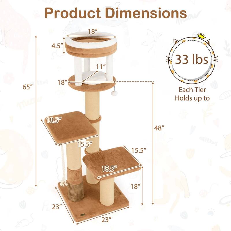 Costway 65" Tall Cat Tree for Indoor with Self-groomer Padded Perch - See Details