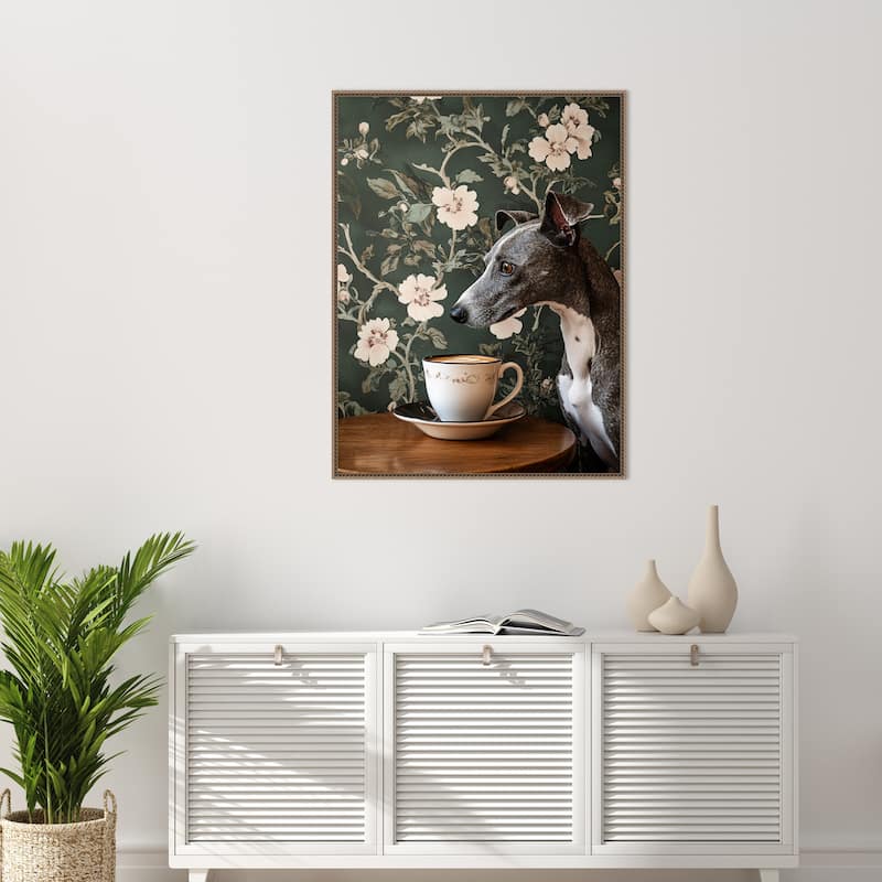 The Coffee Loving Whippet by Mowzu Framed Canvas Wall Art
