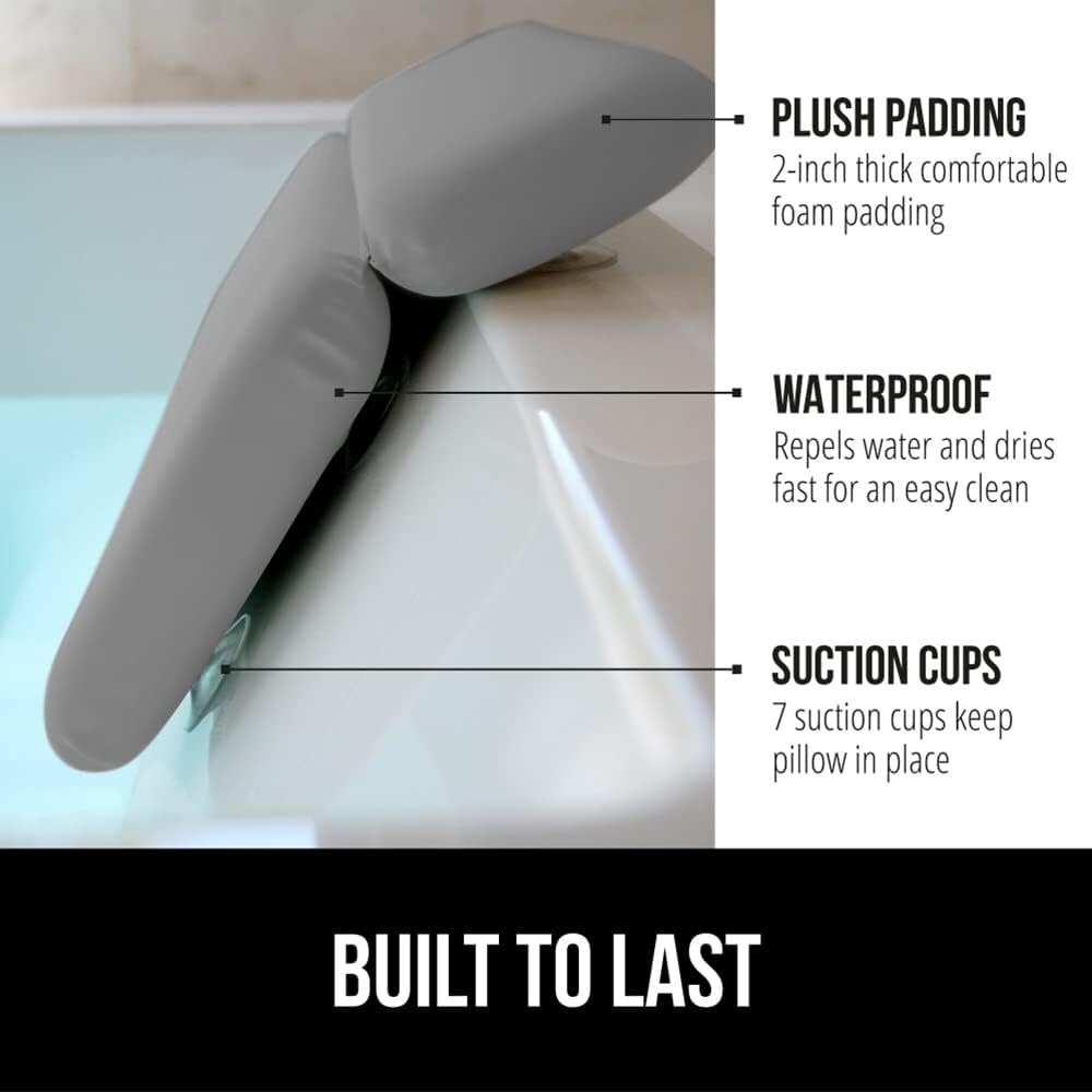 Bathtub Pillows for Neck Head and Back Support Grip Bath Pillow for Curved or Straight Tub Suction Waterproof Headrest Grey