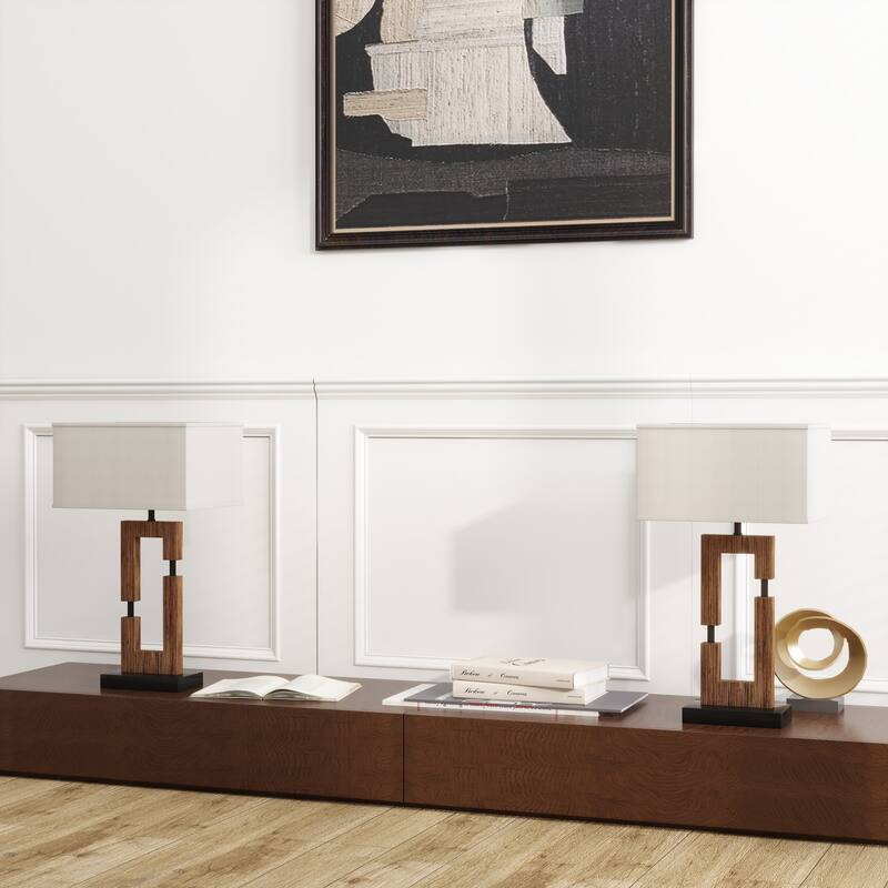 25.9" Wood Table Lamp With Cotton Shade And USB Set of 2 - Dark Wood