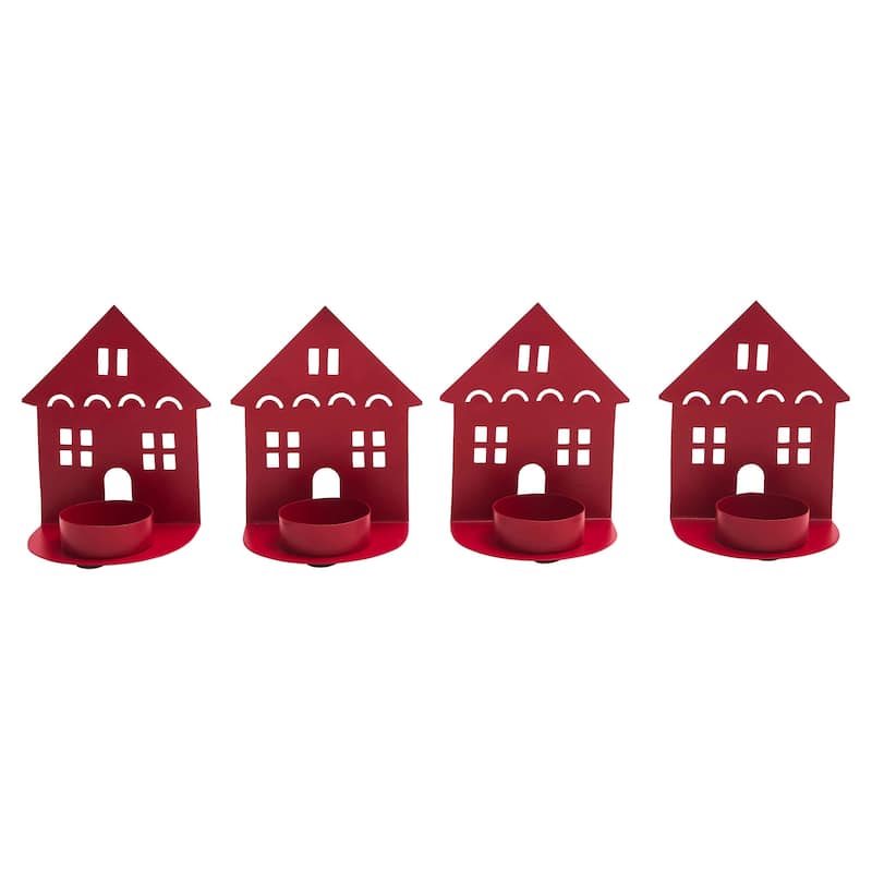 Tealight Holder House Barn Red Set of 4 4.5x3.75x2.25 - N/A