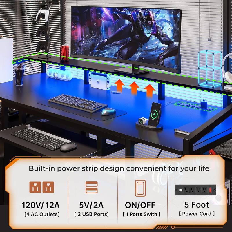 LED Computer Desk With Lock Drawers Keyboard Tray Power Outlet