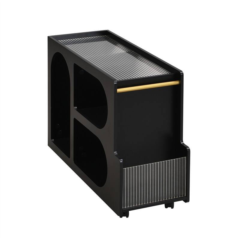 Mobile End Table with Thick Fluted Tempered Glass, Narrow Side Table with Lockable Wheels and Open Storage Compartments