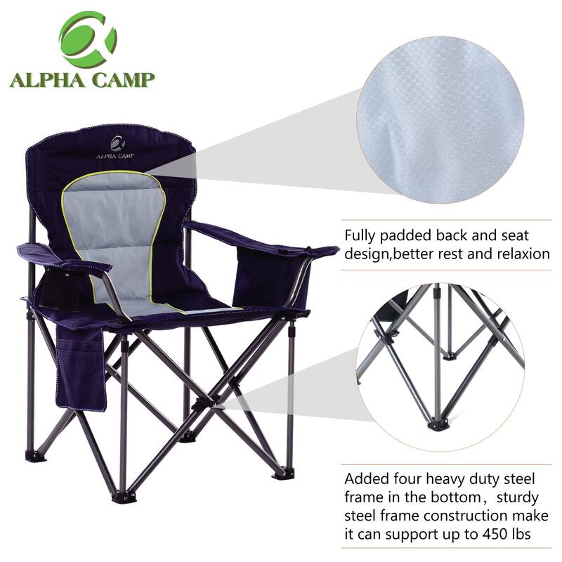 Oversized Camping Folding Chair Heavy Duty Support 450 LBS Steel Frame Collapsible Padded Arm Chair with Cup Holder