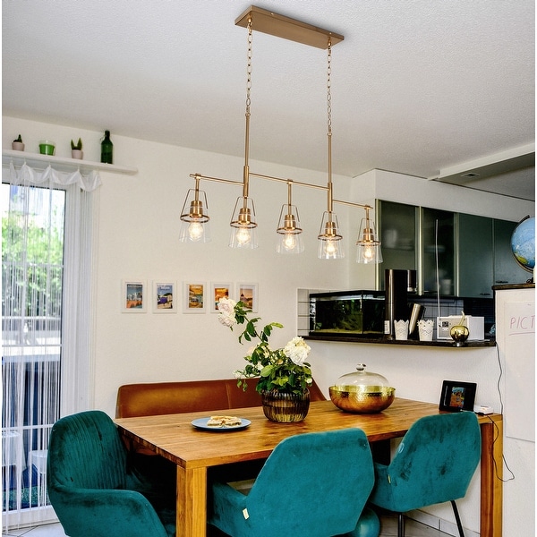 Modern Gold 5-Light Linear Island Chandelier Glass Pendant for