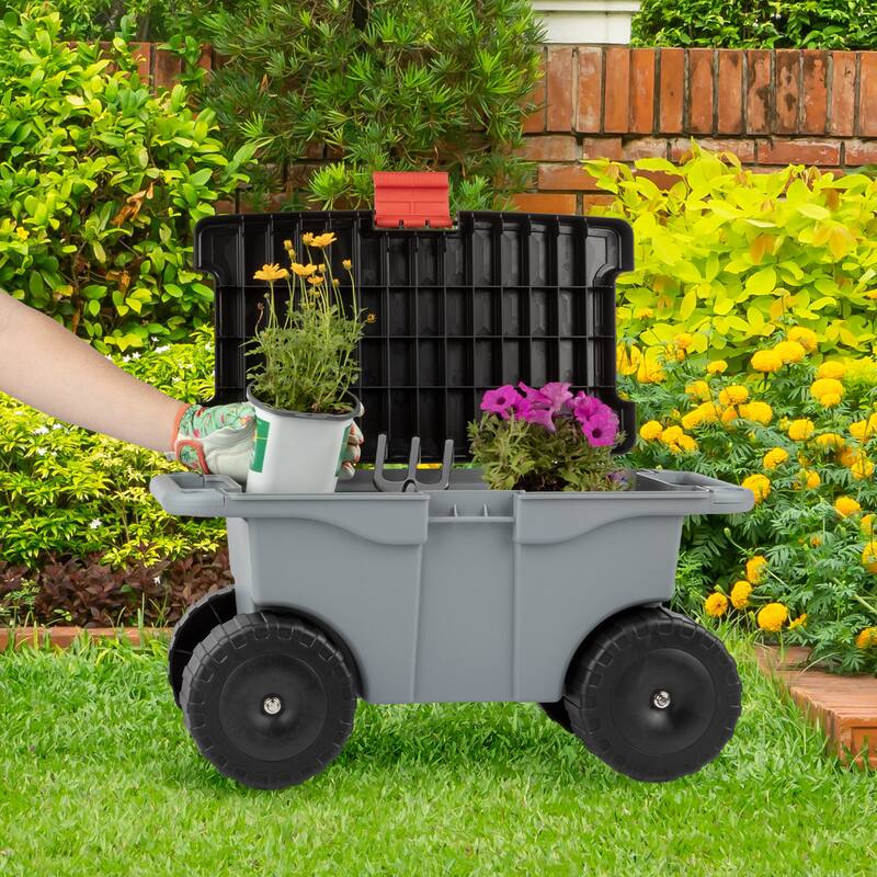 Rolling Garden Cart with Seat - Plastic Storage with Bench and Interior Tool Tray by Pure Garden (Gray)