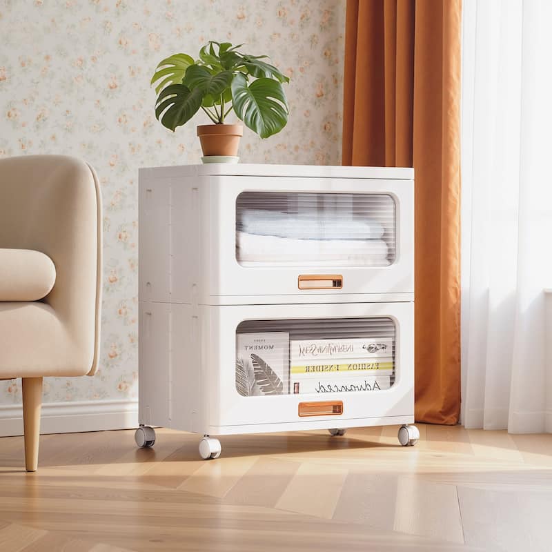 VECELO 1-Tier & 2-Tier White Plastic Rolling Storage Cabinet with Wheels & Transparent Drawers No Tools Assembly for Bedroom - 2-tier - White