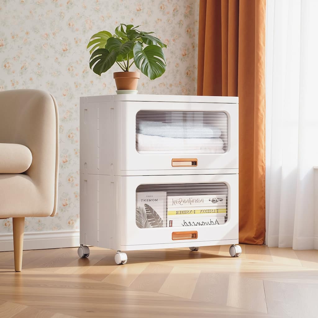 VECELO 1-Tier & 2-Tier White Plastic Rolling Storage Cabinet with Wheels & Transparent Drawers No Tools Assembly for Bedroom