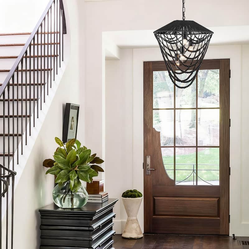 4-light Black Beaded Chandelier - 19.69"x19.69"x23.62"