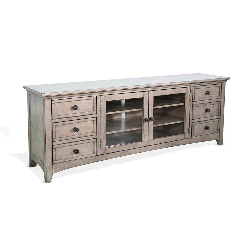 Xyla 72 Inch TV Stand Media Cabinet, Glass Door, 6 Drawers, Gray