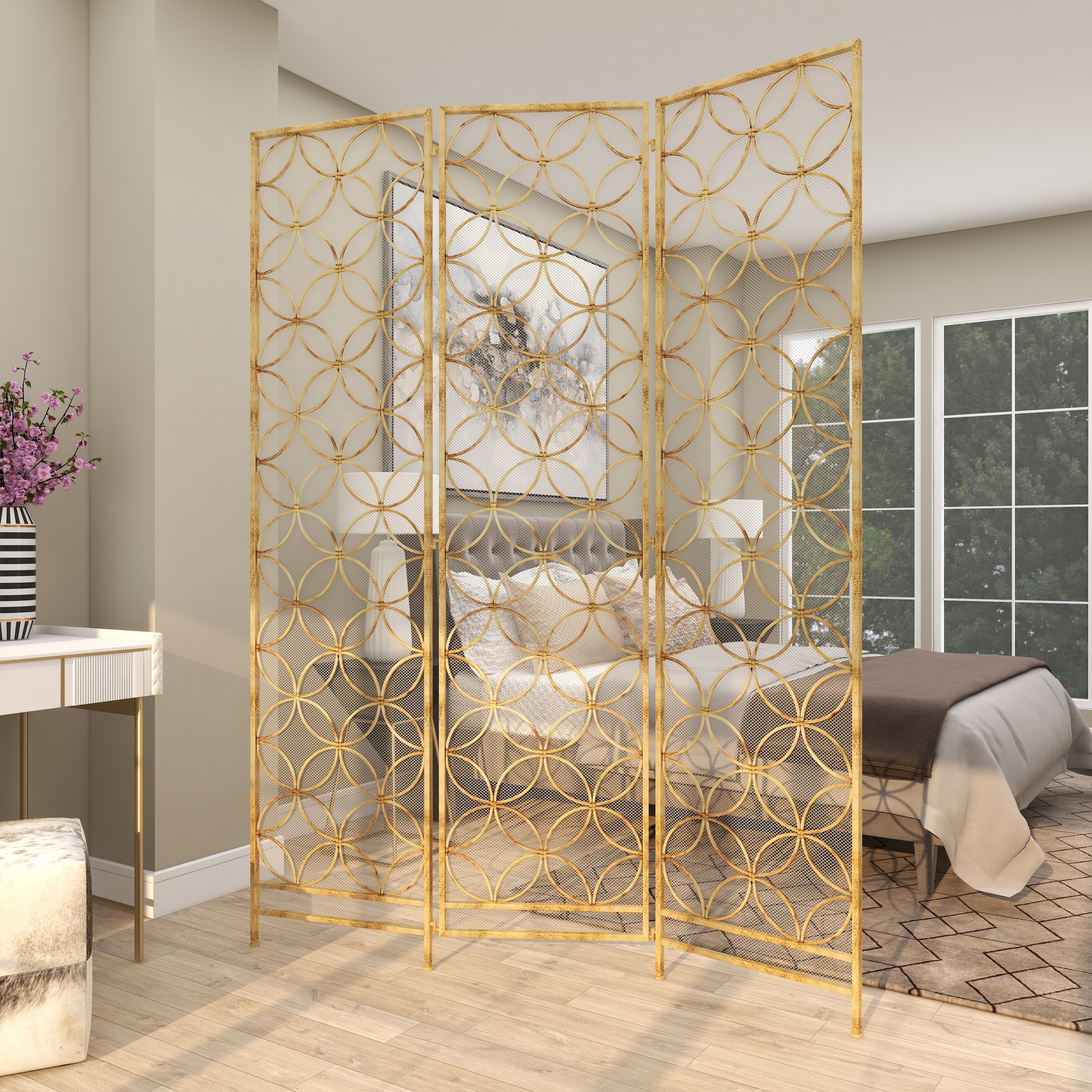 リエルパーテーション Brass Metal Hinged Foldable Partition 3 Panel Geometric Partition
