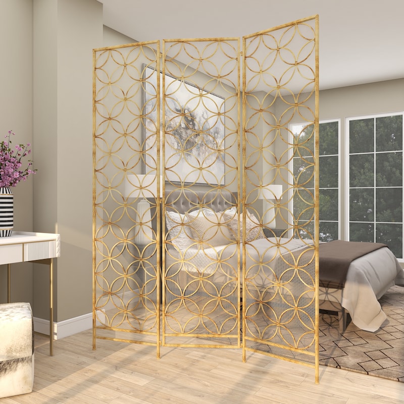 Metal Geometric Hinged Foldable Partition 3 Panel Partition Room Divider Screen - Brass - Roche River Decor