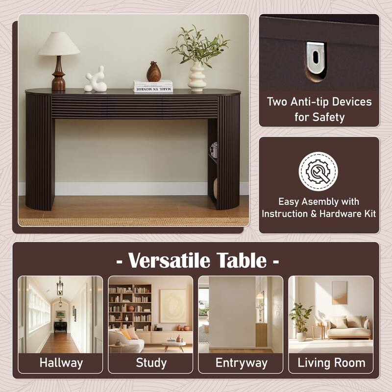 Retro Console Table with Storage, 3 Drawers, 1 Table-Leg Niche, Round Slat Aesthetic, Entryway, Living Room & Hallway