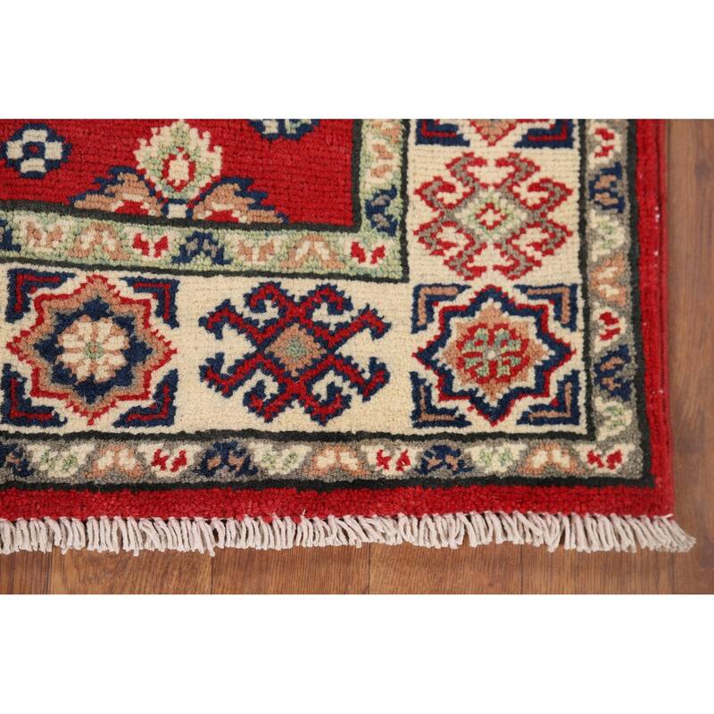 Kazak Oriental Accent Rug Hand-Knotted Red Geometric Wool Carpet - 2'8" x 4'2"
