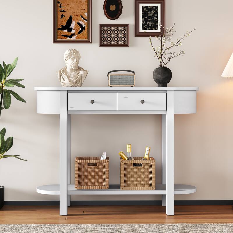 Curved Console Table with 2 Drawers and Bottom Shelf, Oval Pine Wood Sofa Tables for Entryway Hallway Living Room