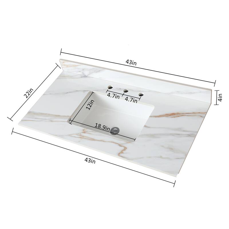43-Inch Carrara White Vanity Top with 4-Inch Backsplash, Rectangular Ceramic Sink, Eco-Friendly
