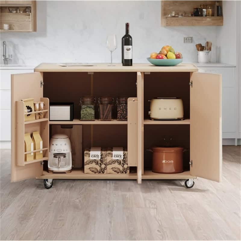 51.2" Wood Rolling Kitchen Island w/ Drop Leaf, Internal Storage Rack
