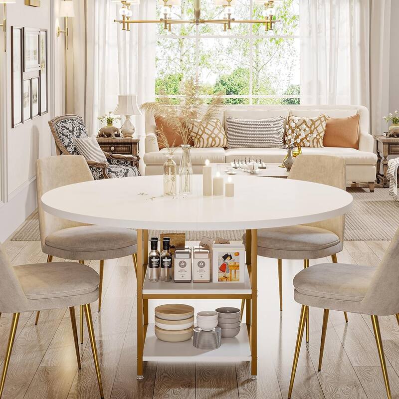 47-Inch Round Wood Dining Table for 4 With Storage Shelf Large Kitchen Table for Home Dining/Living Room