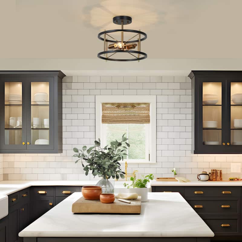 Modern 2-Light Black Gold Drum Chandelier Semi Flush Light Fixture - 12'' D x 10'' H
