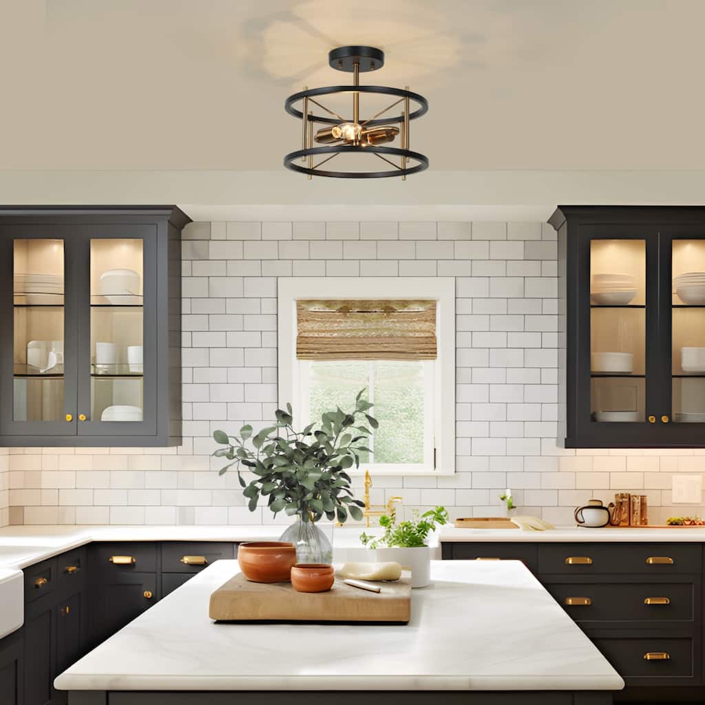 Modern 2-Light Black Gold Drum Chandelier Semi Flush Light Fixture - 12'' D x 10'' H