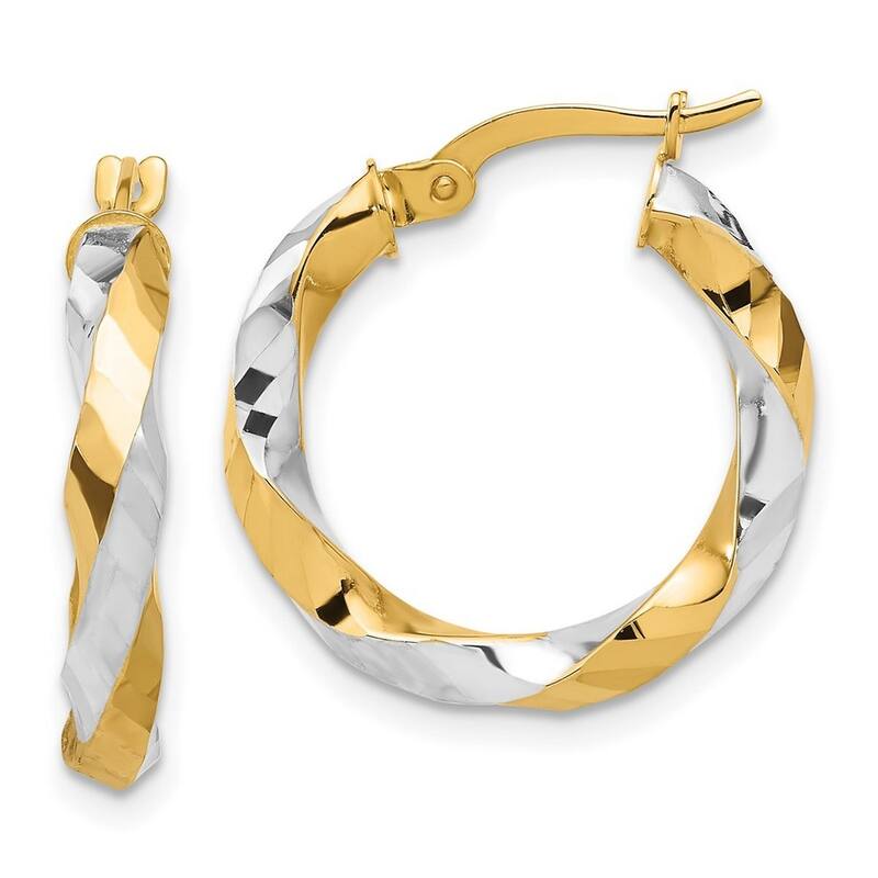 Curata 14k Yellow Gold White Rhodium Polished and Diamond cut Twisted Hoop Earrings - 21.5x20.9mm