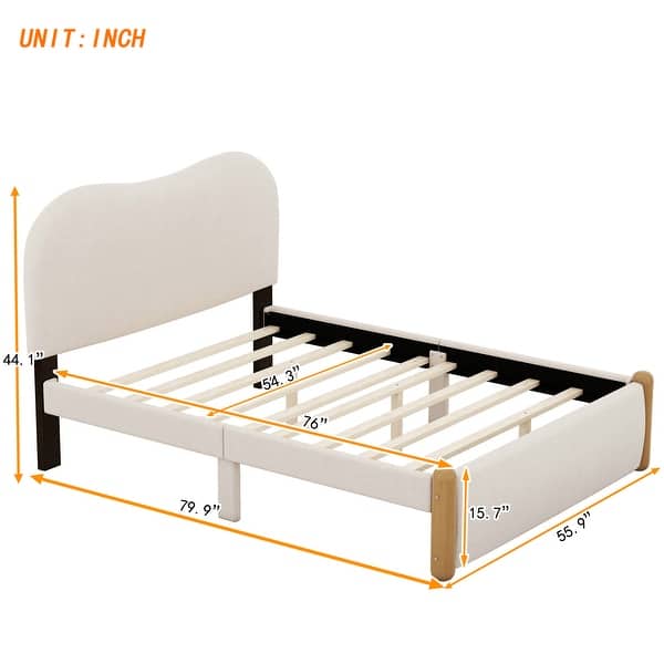 Full Size Upholstered Platform Bed With Wood Supporting Feet, Beige