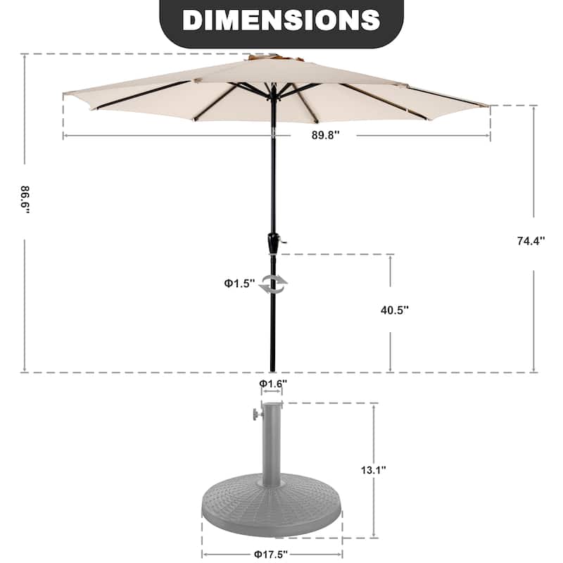 Outdoor 7.5' Round Beige Patio Vented Umbrella, Crank, Push Button Tilt