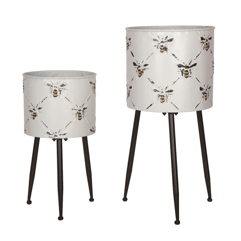 Transpac Metal 20.75" White Spring Bee Pattern Planters with Stand Set of 2