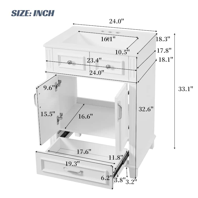 24 Inch Bathroom Vanity with Ceramic Sink, Solid Wood Frame, Soft Close Doors and Drawer, Retro Bathroom Cabinet