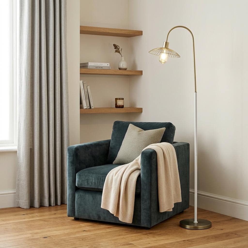 HomeRoots 64" Gold And White Arched Floor Lamp With Gold Metal Cage Shade