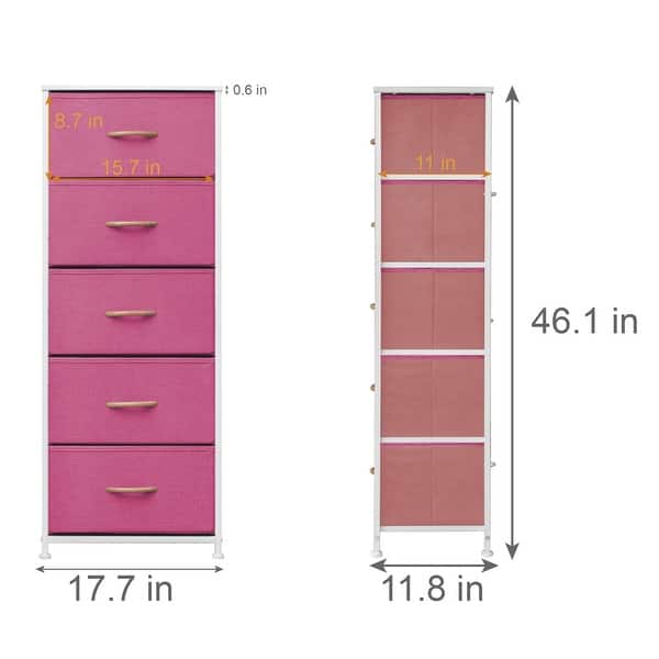 dimension image slide 8 of 12, Contemporary 5-drawer Chest Vertical Storage Tower- Fabric Dresser