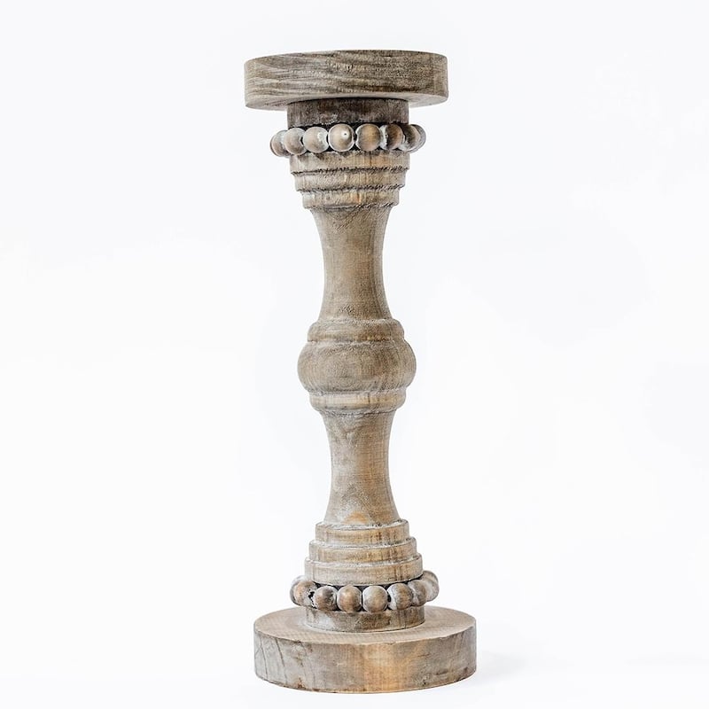 Washed White Wood With Beads Pillar Candle Holder