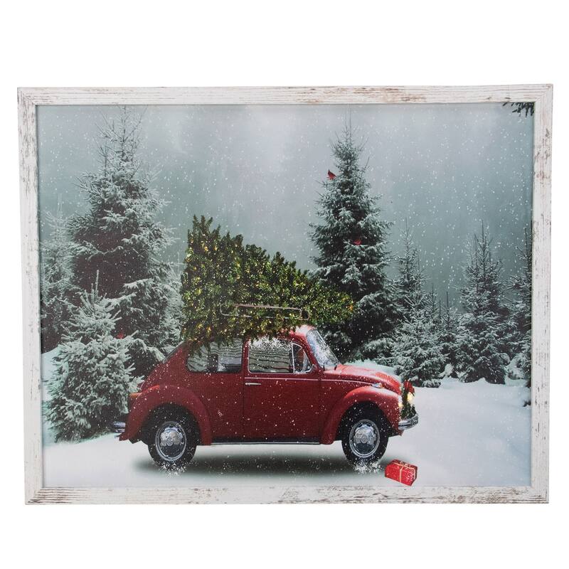 LED Lighted Vintage VW Car Framed Christmas Canvas Wall Art - 15" x 19"