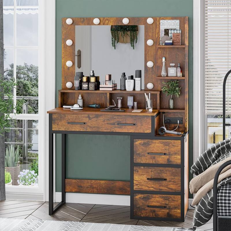 Makeup Vanity Desk 10 Light Bulbs Storage Shelves 5 Drawers