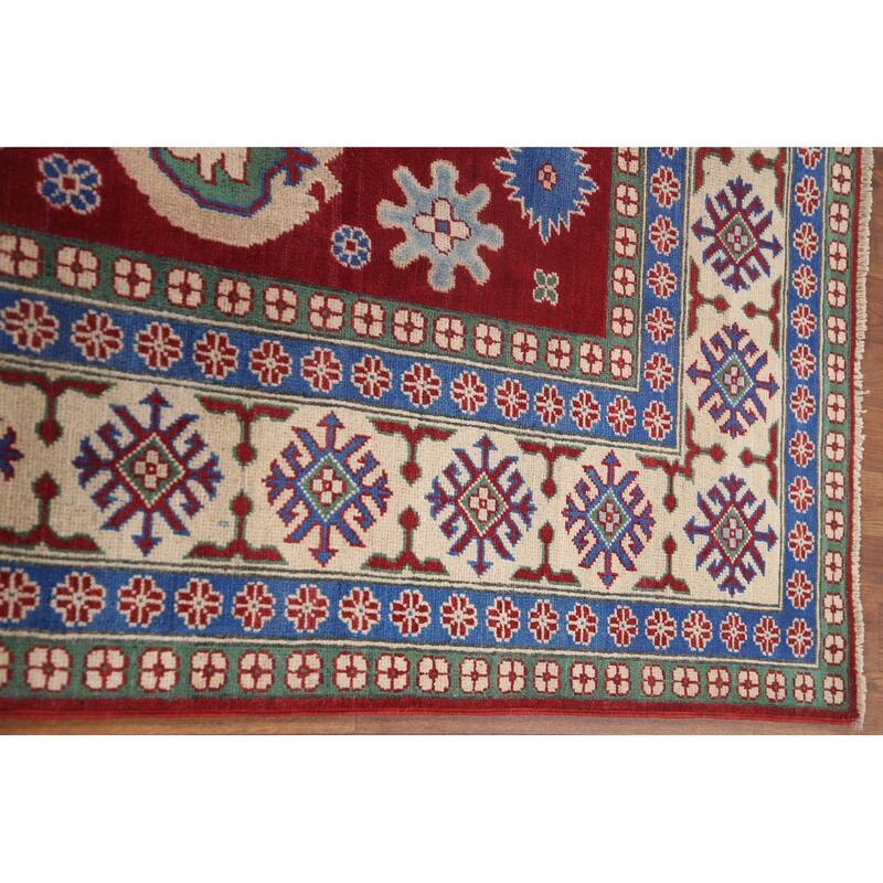 Hand Knotted Oriental 100% Wool Carpet Traditional Geometric Red Kazak Area Rug - 9' 9'' X 6' 6''