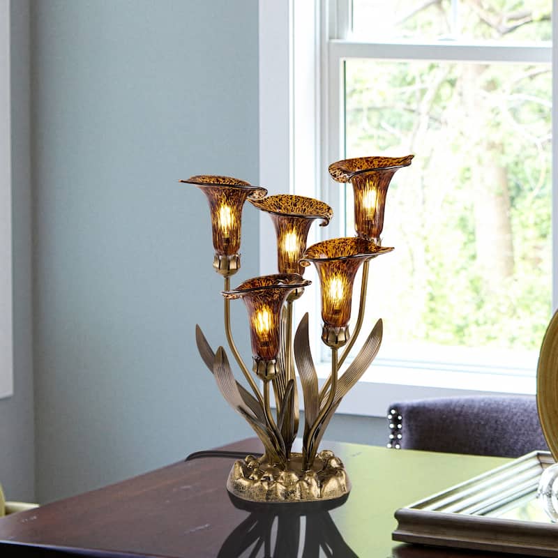 20-inch Antique Brass and Hand Blown Glass 5 Calla Lily Uplight Accent Lamp - 15" x 14" x 20"