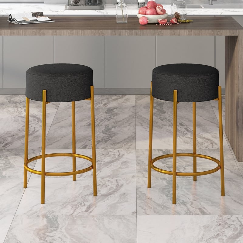 Mixoy 30"Counter Height Modern Backless Upholstered Kitchen Counter Bar Stools with Metal Base - Set of 2 - Black with gold legs - Bar Height